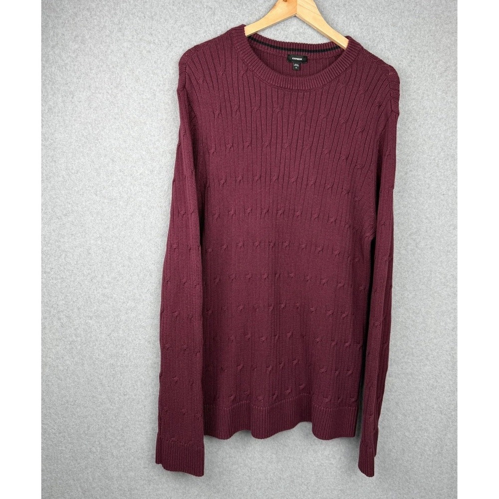 Express Men XL Burgundy Cable Knit Cotton Crewneck Sweater